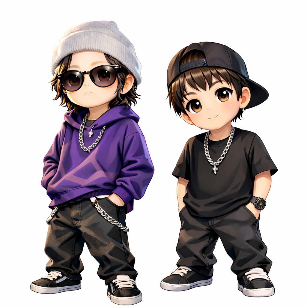 紫のパーカーと黒いTシャツ姿のみなとPAPA&YU-YAの2人