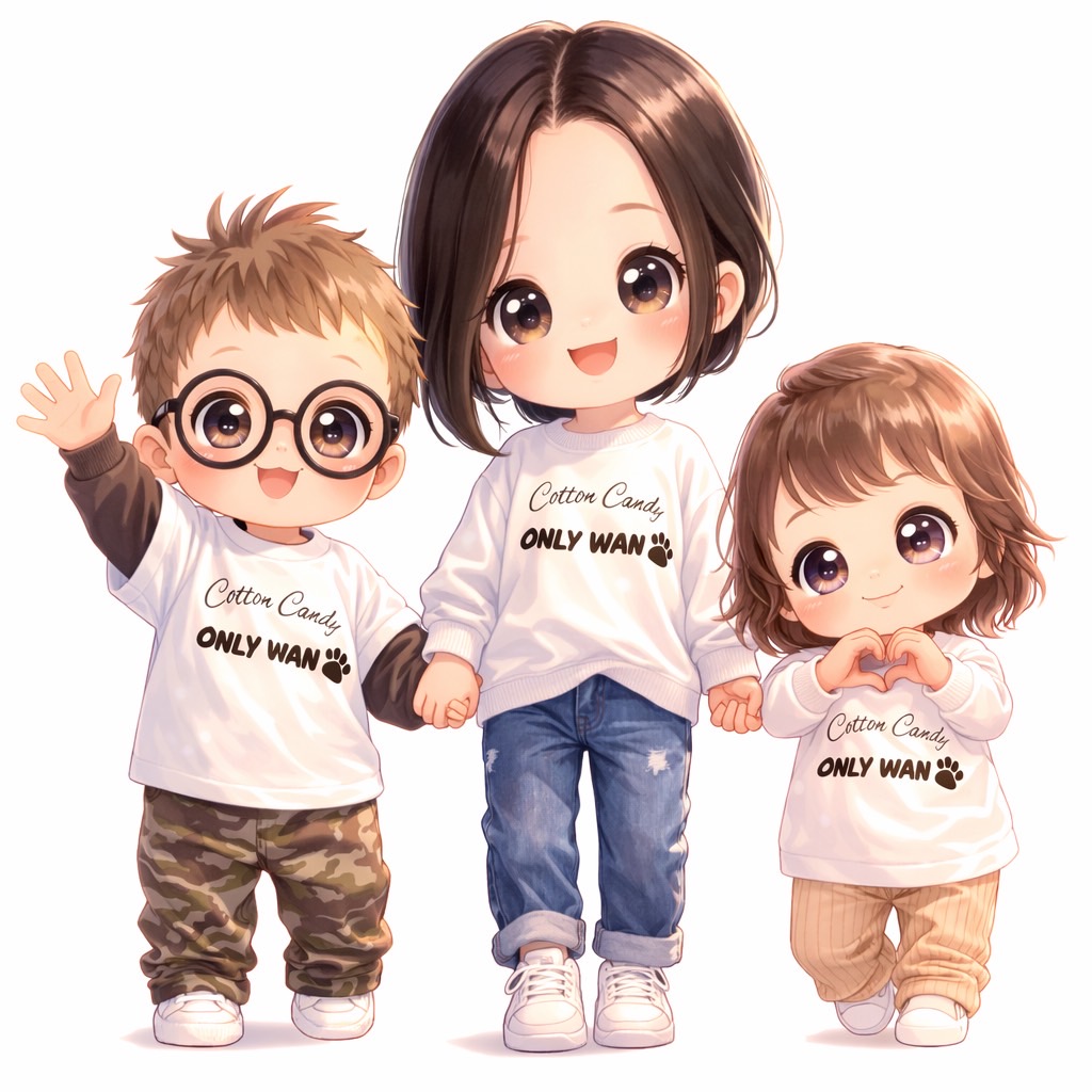 OnlyWANのシャツを着た3人のキャラクター